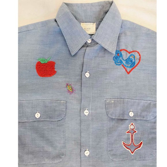 Vintage JC Penny Big Mac Mens Chambray Custom Hand Embroidered Golf Shirt - Picture 4 of 9